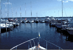 Stella B., among the slips at the Brockville Yacht Club