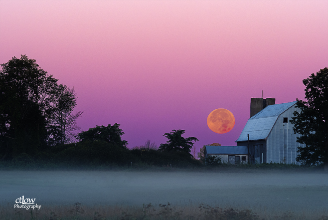 full Moon set barn field fog