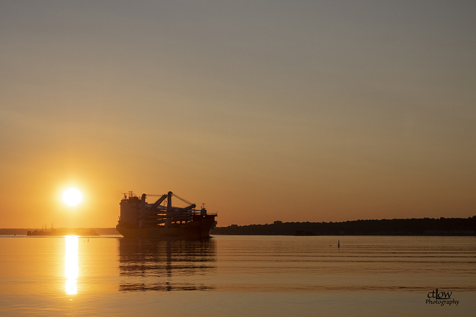 Happy Rover Big Lift freighter ship sunrise St. Lawrence River Great Lakes Seaway